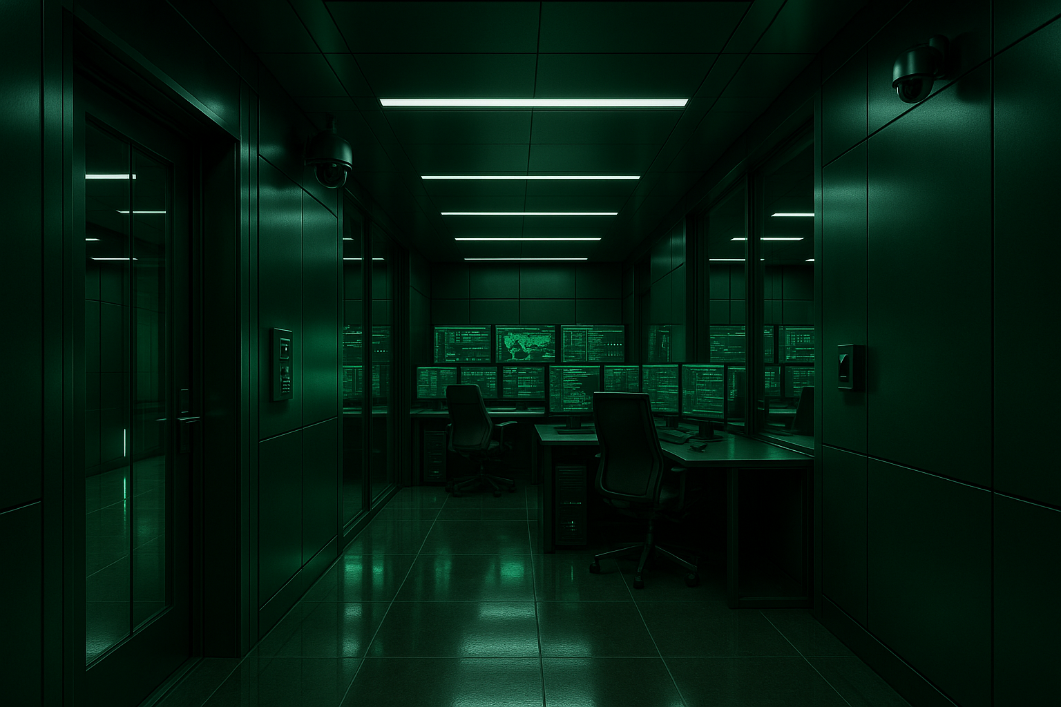 top secret computer building location with a theme of dark green, professional and expert